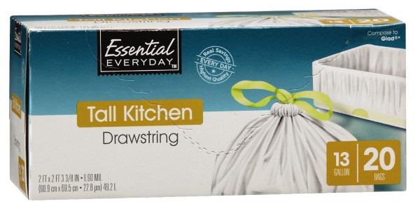 Essential Everyday Tall Kitchen Bags, Drawstring, 13 Gallon - 20 bags